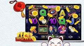 Casino Mania slot with a big win icon and yellow chips with the Maneki cat.