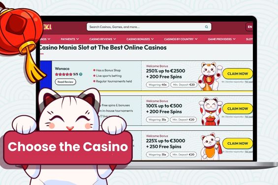 Casino Mania casinos lit with the Maneki cat holding the review the casinos banner.