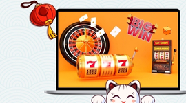 An animated online casino scene with a roulette wheel, playing cards, and a slot machine.