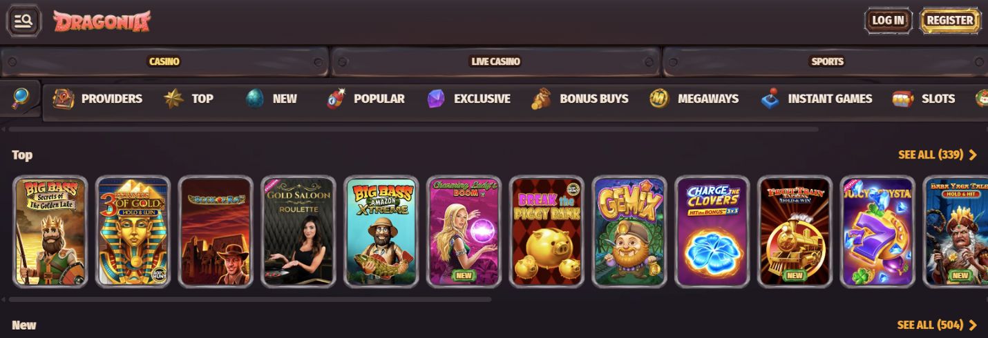 Dragonia online casino homepage with navigation bar and casino games option