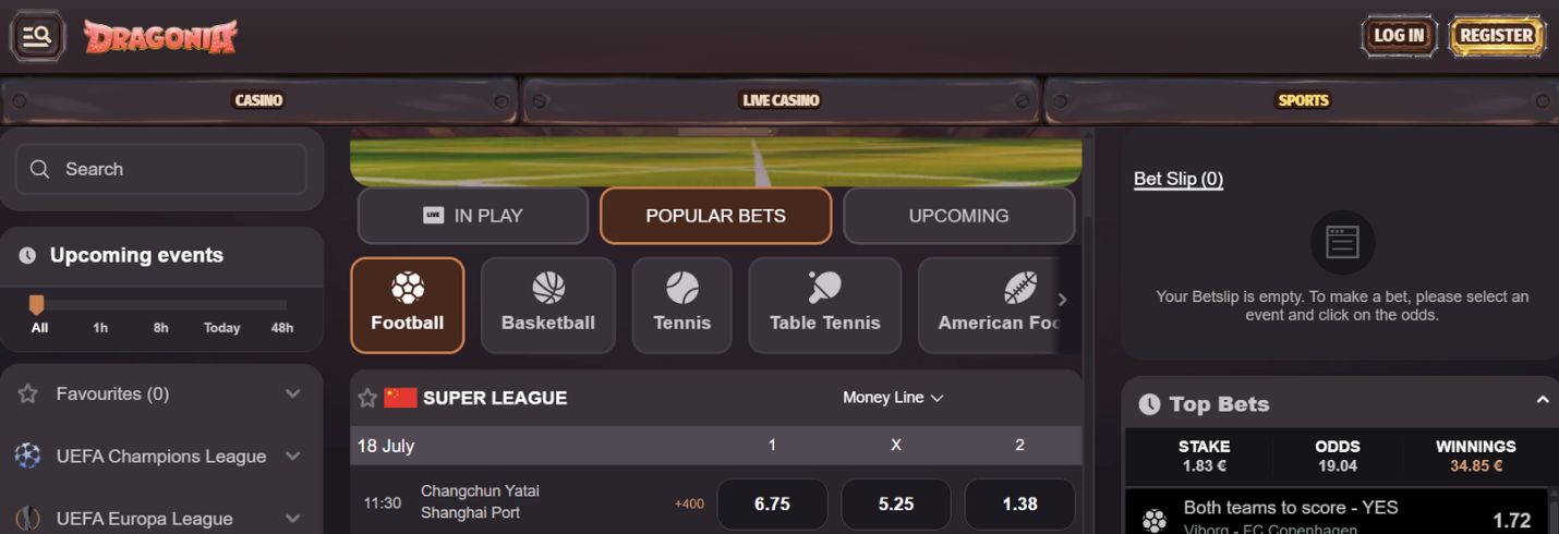 Dragonia online casino sportsbook page with navigation bar and different betting options for football, basketball, tennis, table tennis and american football