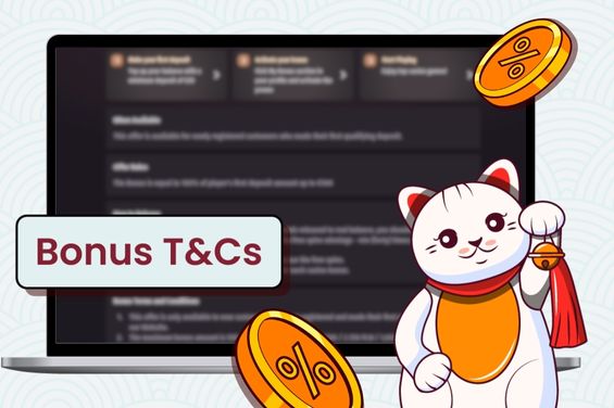 Dragonia casino bonuses T&Cs illustration featuring a cat with gold casino coins, and a blurred terms and conditions text on a screen
