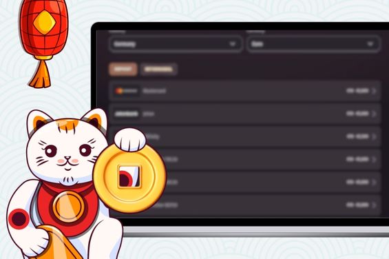 Dragonia payments illustration featuring a cat with gold casino coin, red lantern, and a blurred deposit action on a screen