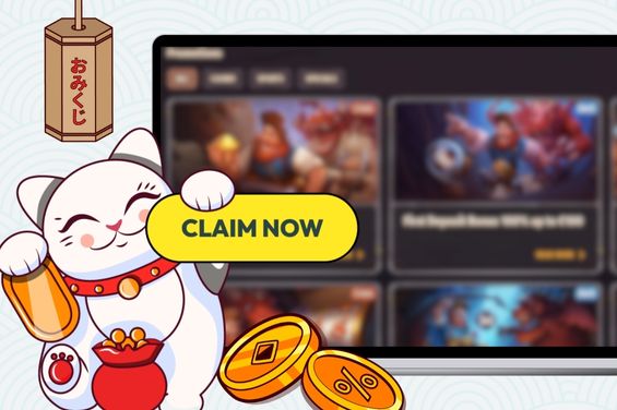 Dragonia claiming illustration featuring a cat holding “CLAIM NOW” sign, gold casino coins, and a blurred welcome offer info on a screen