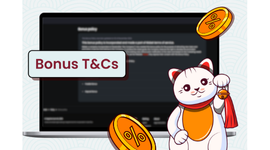 Bonus terms and conditions highlighted on a screen with a cat mascot.