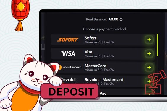 Various payment methods with Maneki cat holding deposit text.