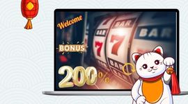 Casino slot machine with welcome and bonus banner with 200% text.