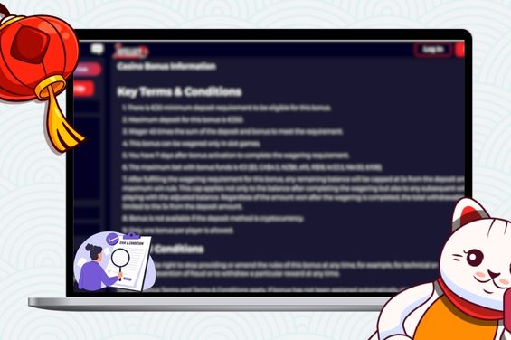 Bonus terms and conditions image in the background with Maneki cat.