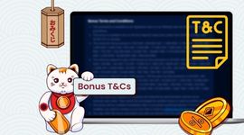 Casino bonus terms and conditions page with Maneki cat holding T&Cs banner.