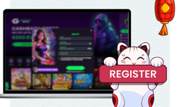 A laptop displaying a casino registration screen with a cat holding a "Register" button.