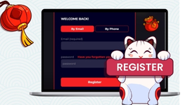 A beckoning cat holding a "REGISTER" sign in front of a laptop displaying a login screen.