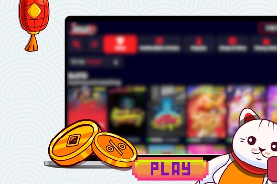 Maneki cat with a casino games image in the background with a Play button.