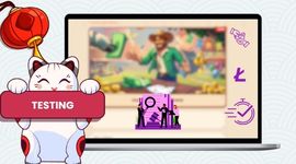 Maneki cat holding a testing banner with a casino image in the background with LTC, deposits and speed icons.
