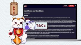Casino terms and conditions page with Maneki cat holding a research icon.