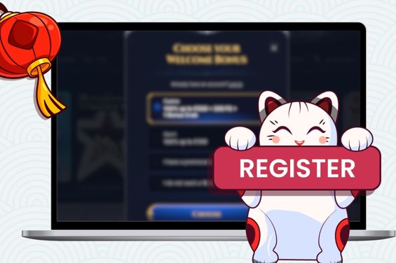 A cat holding a "REGISTER" sign in front of a laptop screen with registration page and a red lantern.
