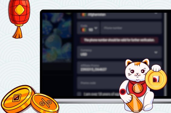 Cartoon cat holding a coin in front of laptop showing casino withdrawal and with a red lantern design
