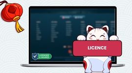Maneki cat holding licence banner with casino licence footer with licensed icon.