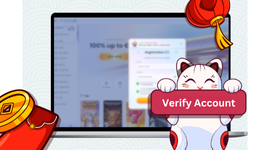 A laptop showing a verification screen with a cat holding a "Verify Account" button.