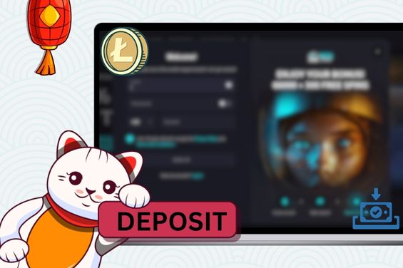 Maneki cat holding deposit banner with casino image in the background with Litecoin logo and deposit icon.