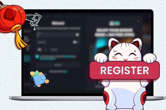 Register button with casino registration form in the background.