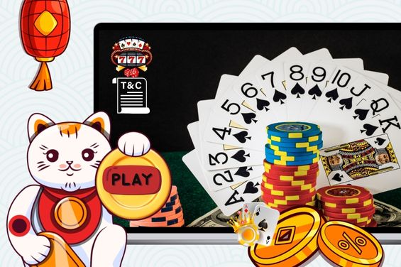 Play button with casino cards and chips with T&C paper.