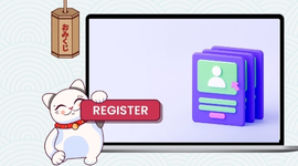 A Maneki-neko cat pressing a "REGISTER" button on a laptop screen.