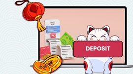 A Maneki-neko cat pressing a "DEPOSIT" button on a laptop with payment icons.