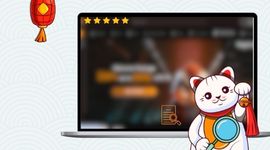 Maneki cat with casino image in the background with 5 stars.