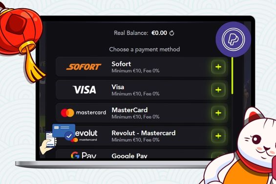 Casino deposit payment options with the PayPal logo at the right corner.