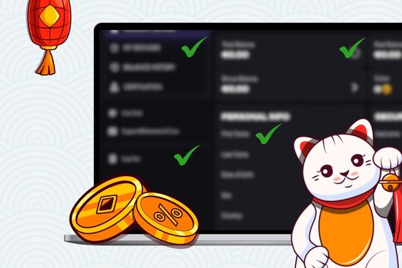 Casino profile page with green ticks and Maneki cat.