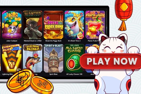 Maneki cat holding a play now button with a casino games image in the background.