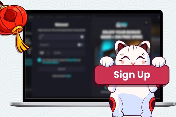 A casino registration form in the background with Maneki cat holding sign-up text.
