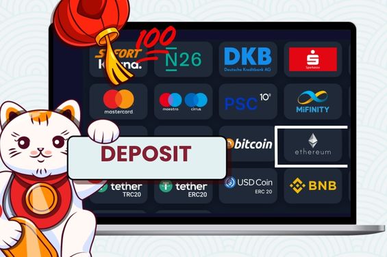 Diverse payment methods in the background with a Maneki cat holding a deposit banner.