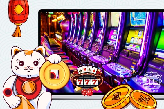 Maneki cat with slot icon and slot machines image in the background.