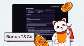 Maneki cat with bonus and terms page with T&Cs banner.