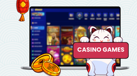 Illustration of casino games on a laptop screen with a lucky cat holding a sign.
