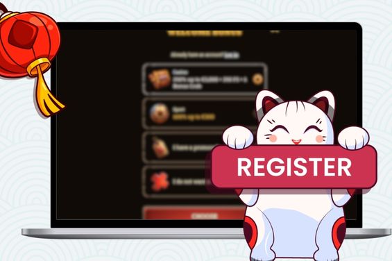 Cartoon cat in front of a sign "Register" and a laptop showing casino registration page with red lantern