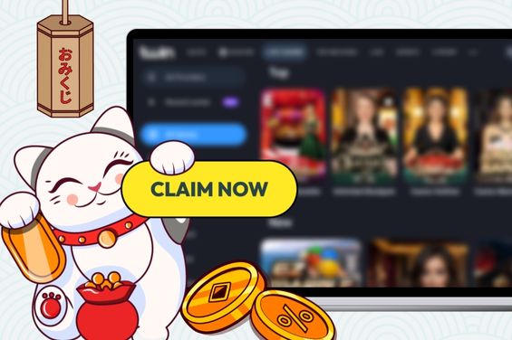 Cartoon cat in front of a sign "Claim now" and a laptop showing a casino bonus offer page