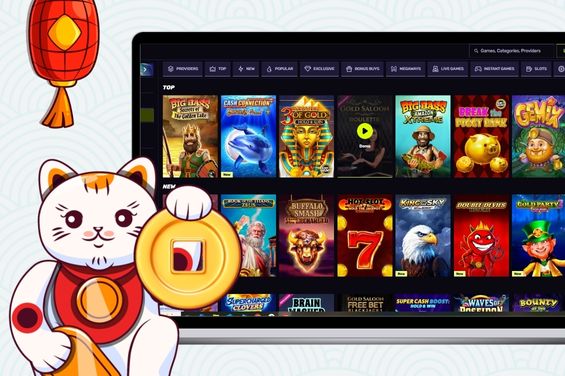 Cartoon cat with a gold coin in front of a laptop showing casino games with red lantern decoration