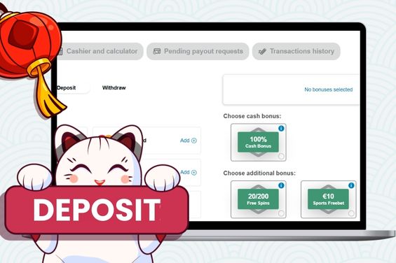 Casino-X deposit page image in the background with Maneki cat holding deposit text.