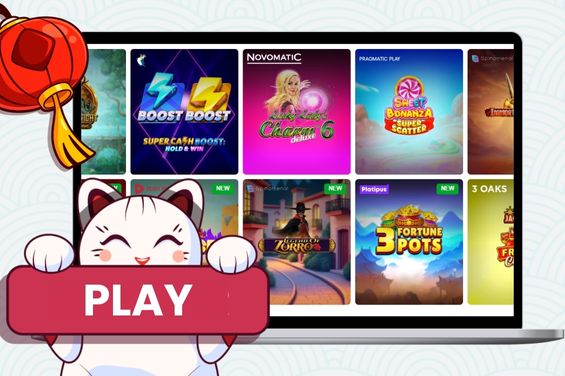 Casino-X games with Maneki cat holding play text.
