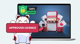 A laptop screen showing casino games and a cartoon cat holding a sign that says "APPROVED LICENCE".