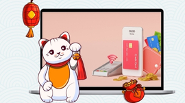 A laptop screen with images of a credit card, mobile payment terminal, and a bag of gold coins