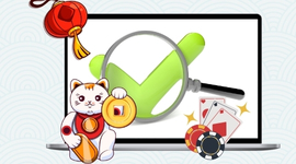 A laptop screen showing a large magnifying glass over a green checkmark and images of casino items.
