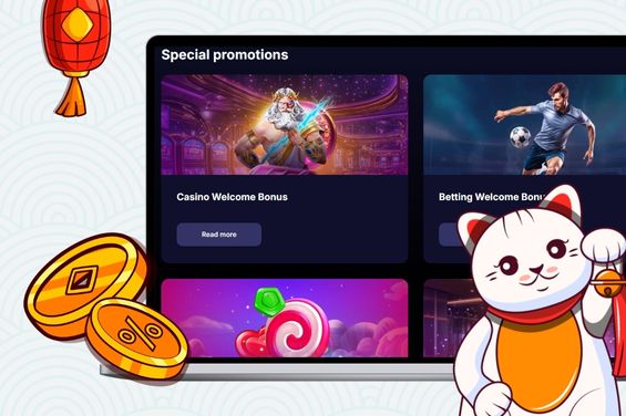 Various casino promotions in the background with Maneki cat.