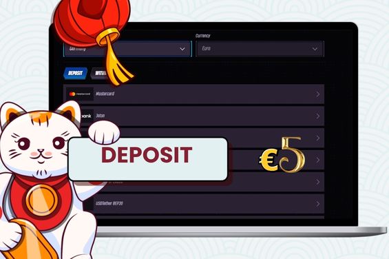 Diverse payment methods in the background with a €5 icon and a Maneki cat holding a deposit banner.