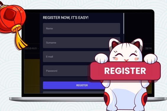 A registration form in the background with Maneki cat holding the register text.