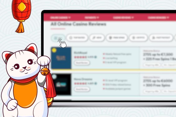 Playful cartoon cat with a red lantern in front of a laptop showing trustworthy casino selection