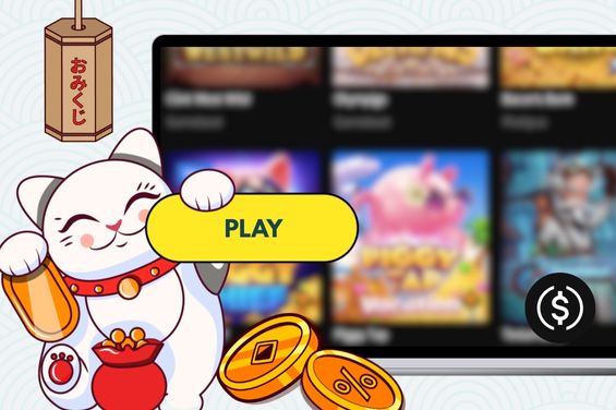 Cartoon cat in front of a sign "Play" and a laptop showing casino games and coins with a lantern