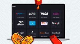 Laptop screen showing casino payment methods with a red wallet, lantern decoration and gold coins
